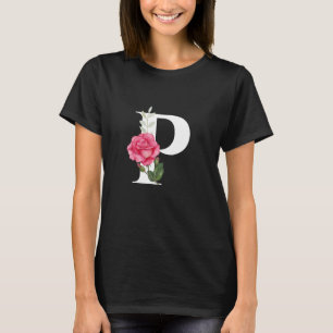 Monogram Initiaal Letter P in het wit met roze Ros T-shirt