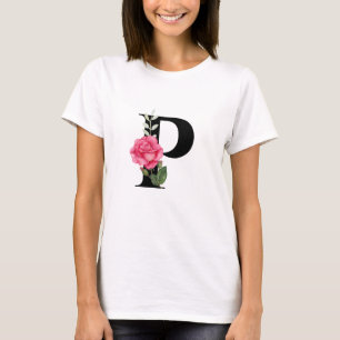 Monogram Initiaal Letter P in zwart met roze roos T-shirt