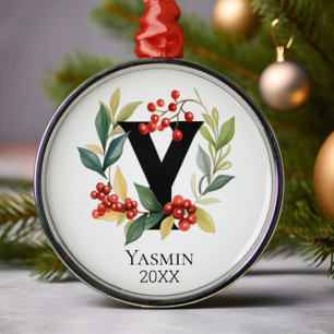 Monogram Initiaal letter Y Berry krans kerst Metalen Ornament