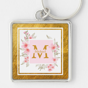 Monogram Initiaal "M" Bloem - Roze Rozen & Goud Sleutelhanger