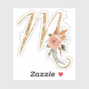 Monogram Initiaal M Gold Glitter Peony Roos Floral Sticker