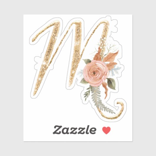 Monogram Initiaal M Goud Glitter Pioen Roos Bloeme Sticker (Vel)