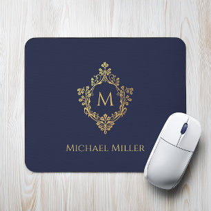 Monogram Initiaal Marineblauw Nep Goud Wapenschild Muismat