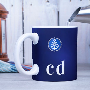 Monogram initiaal marineschip blauwe witte nautisc koffiemok