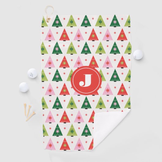 Monogram Initiaal Merry & Mod Retro Kerstboom Golfhanddoek (Insitu)