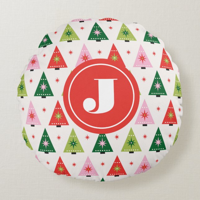 Monogram Initiaal Merry & Mod Retro Kerstboom Rond Kussen (Voorkant)