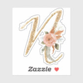 Monogram Initiaal N Goud Glitter Pioen Roos Bloeme Sticker (Vel)