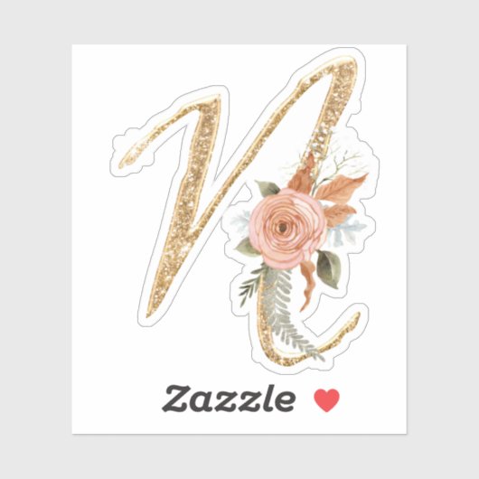 Monogram Initiaal N Goud Glitter Pioen Roos Bloeme Sticker (Vel)