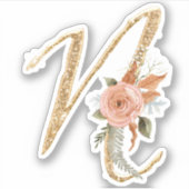 Monogram Initiaal N Goud Glitter Pioen Roos Bloeme Sticker (Voorkant)