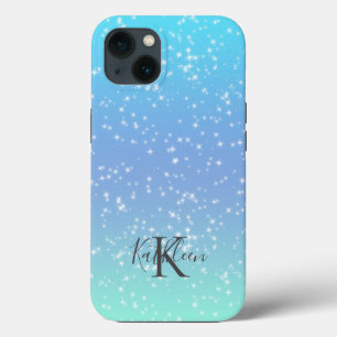 Monogram Initiaal Naam Blauw Groen Sparkle Ombre iPhone 13 Hoesje
