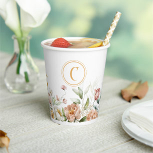 Monogram Initiaal & Naam, Bloemen Grens Papieren K Bekers