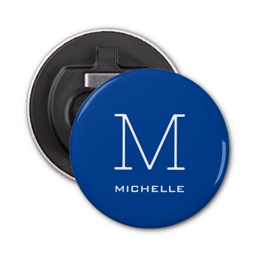 Monogram Initiaal naam Deep Blue Unique Minimalist Button Flesopener (Voorkant)