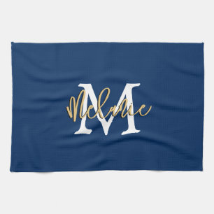 Monogram Initiaal Naam Manuscript Navy White Gold Theedoek