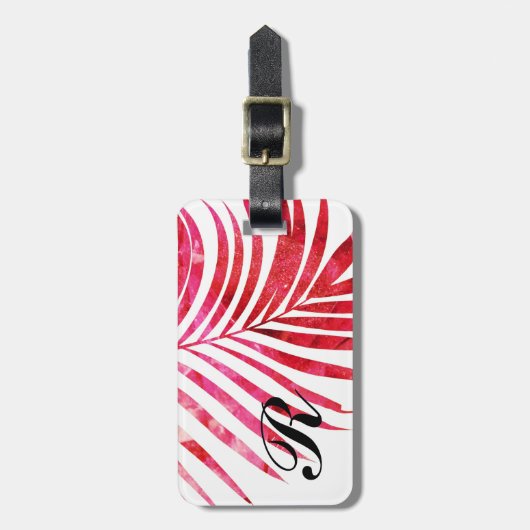 Monogram Initiaal Naam Palm Tree Leaf Pink Girly Bagagelabel (Voorkant verticaal)