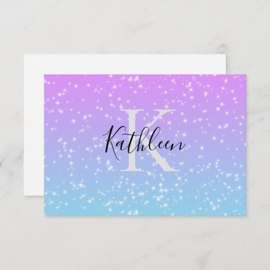 Monogram Initiaal Naam Roze Blauwe Sparkle Girly Bedankkaart (Voorkant / Achterkant)