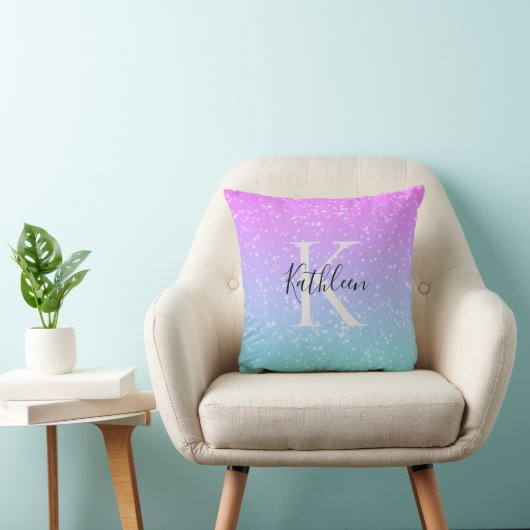 Monogram Initiaal Naam Roze Blauwe Sparkle Girly Kussen (Stoel)
