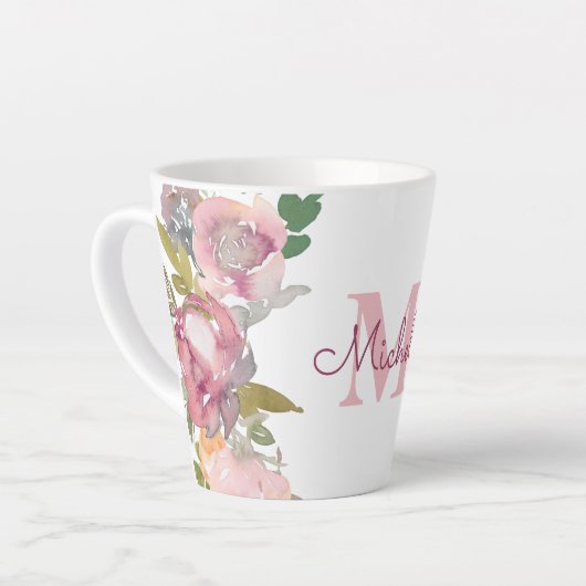 Monogram Initiaal naam roze rose Waterverf bloemig Latte Mok (Linkerhoek)
