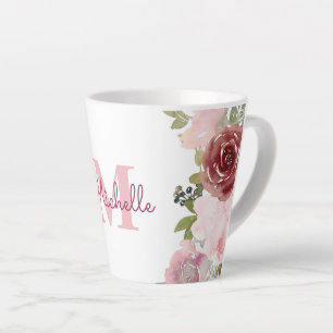Monogram Initiaal naam roze rose Waterverf bloemig Latte Mok
