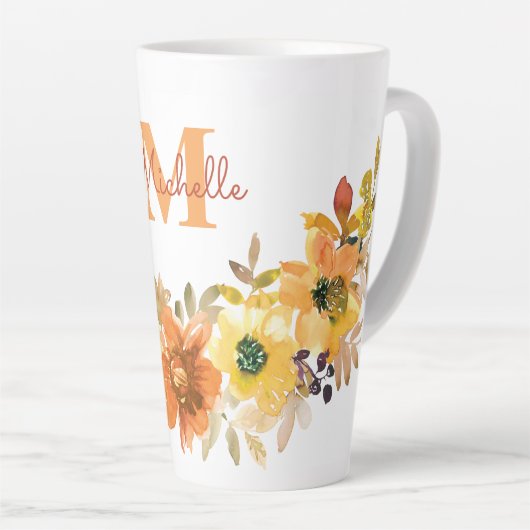 Monogram Initiaal naam Sinaasappel Waterverf Flora Latte Mok (Rechterhoek)