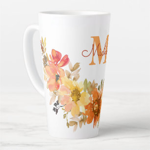 Monogram Initiaal naam Sinaasappel Waterverf Flora Latte Mok