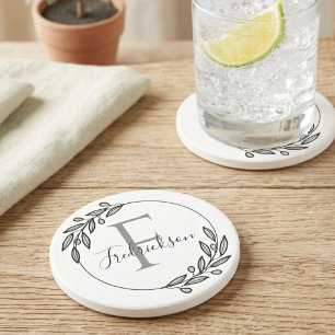 Monogram Initiaal Olijfkrans Nordic Minimalistisch Zandsteen Onderzetter