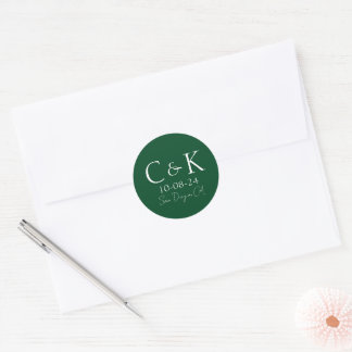 Monogram Initiaal op bosgroene trouwjurk Ronde Sticker