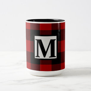 Monogram Initiaal op rode en zwarte buffelplaat Tweekleurige Koffiemok