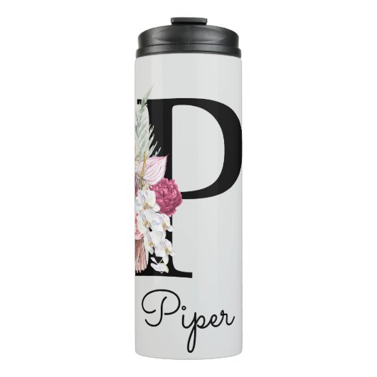 Monogram Initiaal P Pink Boho Floral Thermosbeker (Voorkant)