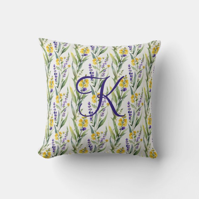 Monogram Initiaal Paarse Gele Wildbloemen Bloemen Kussen (Voorkant)