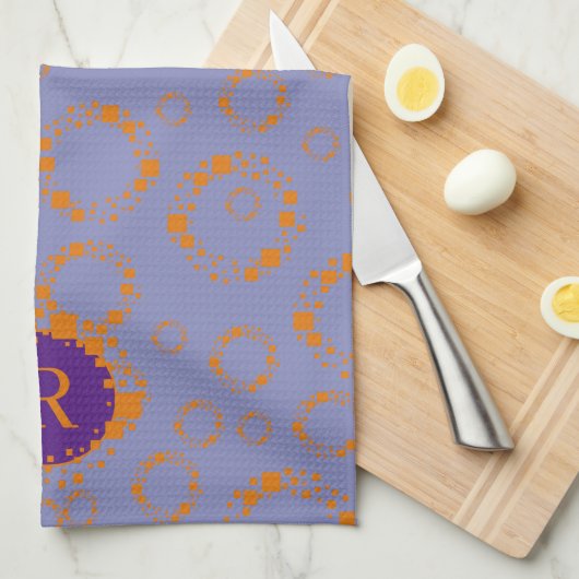 Monogram Initiaal Paarse Oranje vierkantscirkels K Theedoek (Quarter Fold)