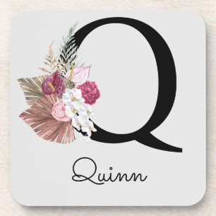 Monogram Initiaal Q Pink Boho Floral Bier Onderzetter