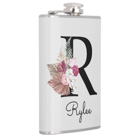 Monogram Initiaal R Pink Boho Girly Bloemen Heupfles (Rechts)