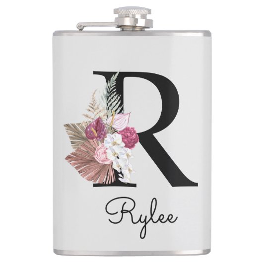 Monogram Initiaal R Pink Boho Girly Bloemen Heupfles (Voorkant)
