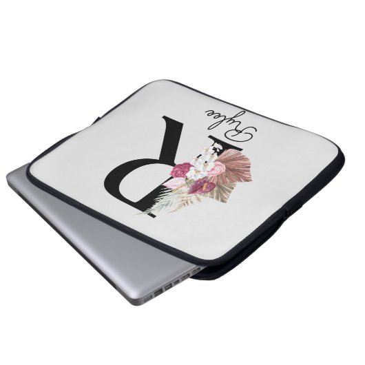 Monogram Initiaal R Pink Boho Girly Bloemen Laptop Sleeve (Voorkant onderkant)
