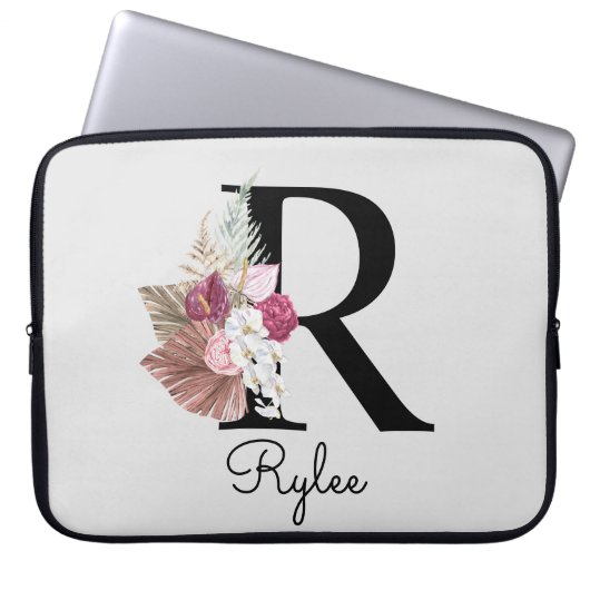 Monogram Initiaal R Pink Boho Girly Bloemen Laptop Sleeve (Voorkant)