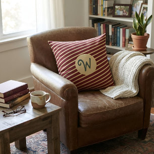 Monogram Initiaal Rode Crème Strepen Preppy Script Kussen