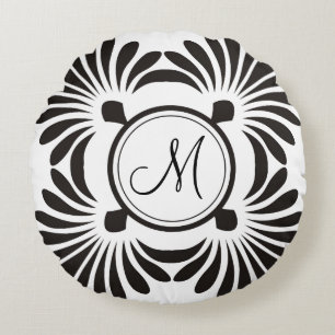 Monogram Initiaal Round Pillow-Black Floral Rond Kussen