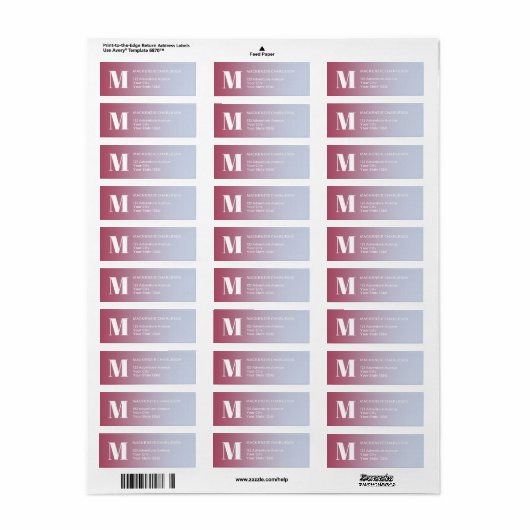 Monogram Initiaal Roze Blauw Gradiënt Retouradres Etiket (Full Sheet)
