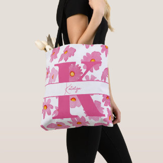 Monogram Initiaal Roze Daisies Waterverf Bloemen Draagtas
