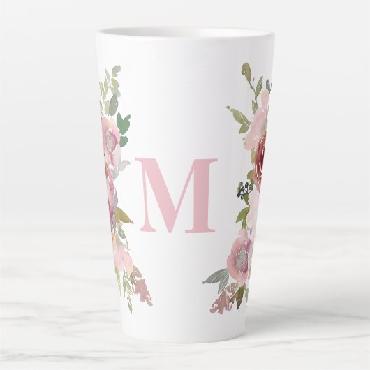 Monogram Initiaal Roze Rose Waterverf Bloemen Latte Mok (Voorkant)