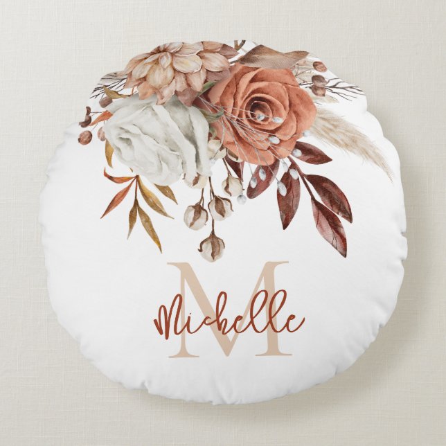 Monogram Initiaal Rustic Terracotta Florals Rond Kussen (Voorkant)