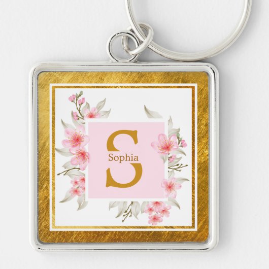Monogram Initiaal "S" Bloem - Roze Rozen & Goud Sleutelhanger (Voorkant)