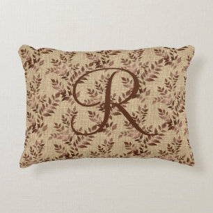Monogram Initiaal Script Brown Roos Gold Leaves Accent Kussen