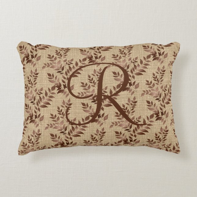 Monogram Initiaal Script Brown Roos Gold Leaves Accent Kussen (Voorkant)