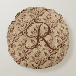 Monogram Initiaal Script Bruine Roos Gouden Blader Rond Kussen