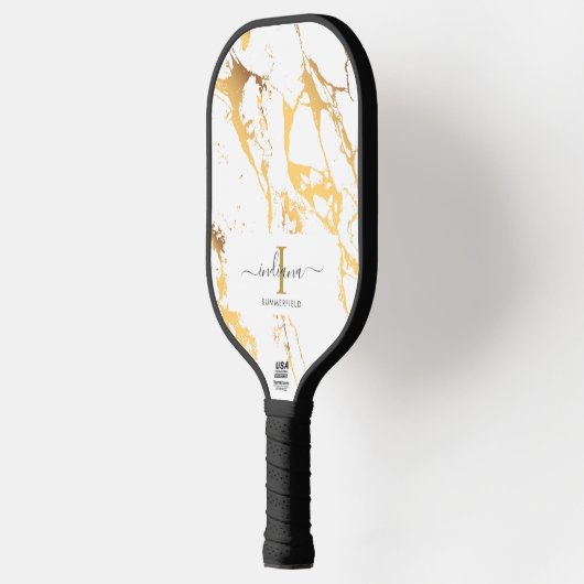 Monogram Initiaal Script Name Gold Marble Pickleball Paddle (Links)