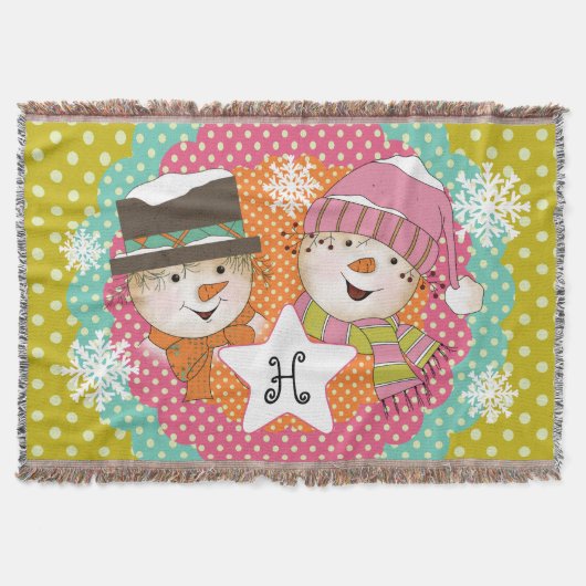 Monogram Initiaal Snowmen op Multi Dot Throw Deken (Voorkant)