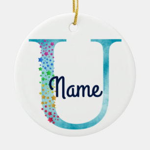 Monogram Initiaal U Rainbow Star-ontwerp Keramisch Ornament