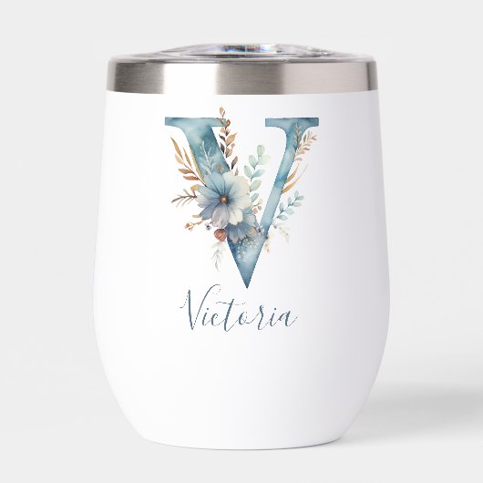 Monogram Initiaal V Blauwe Bloemen Waterverf Gift  (Voorkant)
