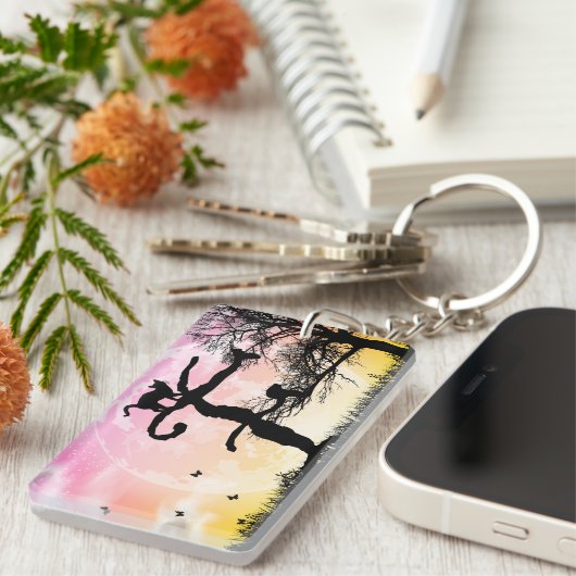 Monogram Initiaal, volledig maan en kat F Sleutelhanger (Voorkant Rechts)